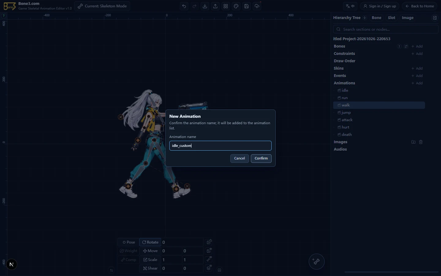 The English New Animation dialog with idle_custom entered.