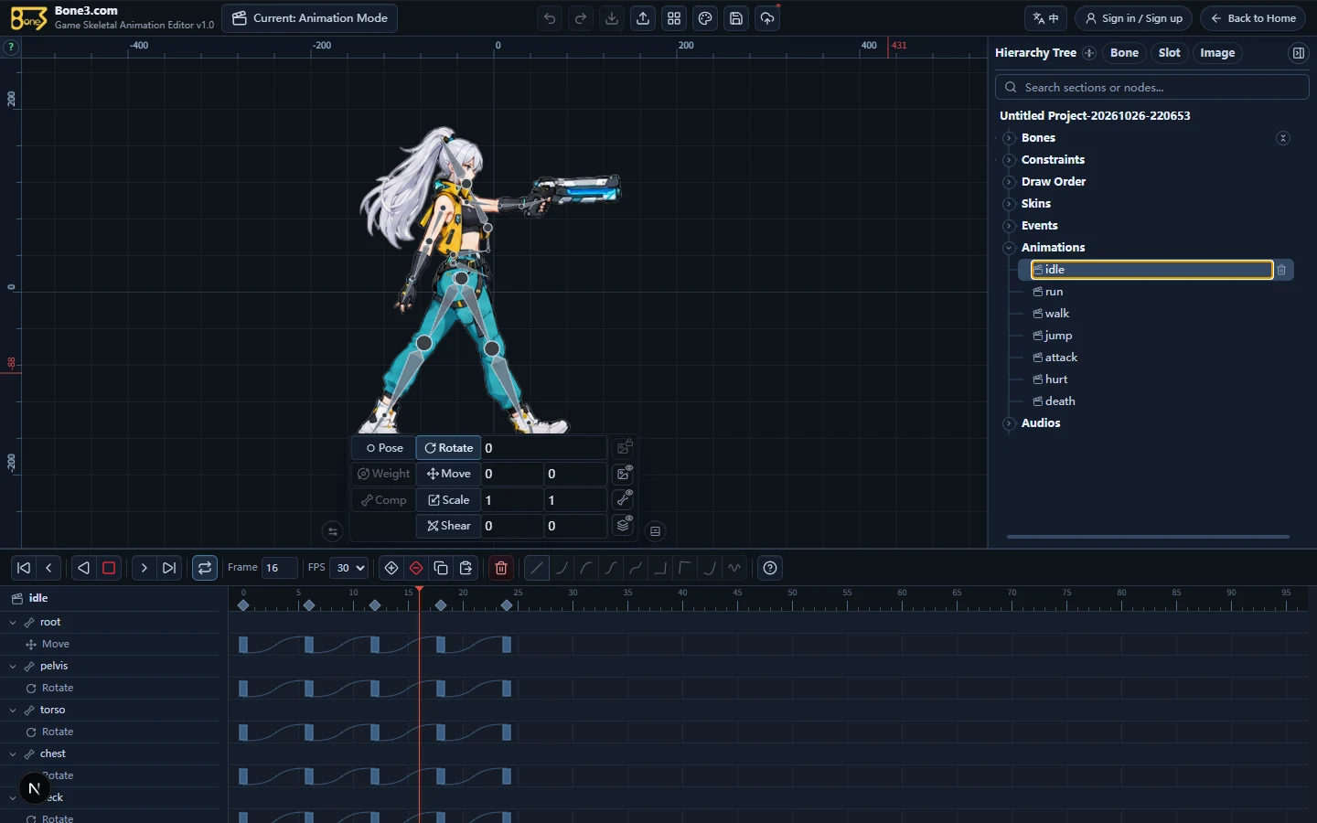 The sample playing idle in English Animation mode, with tracks and keys visible.
