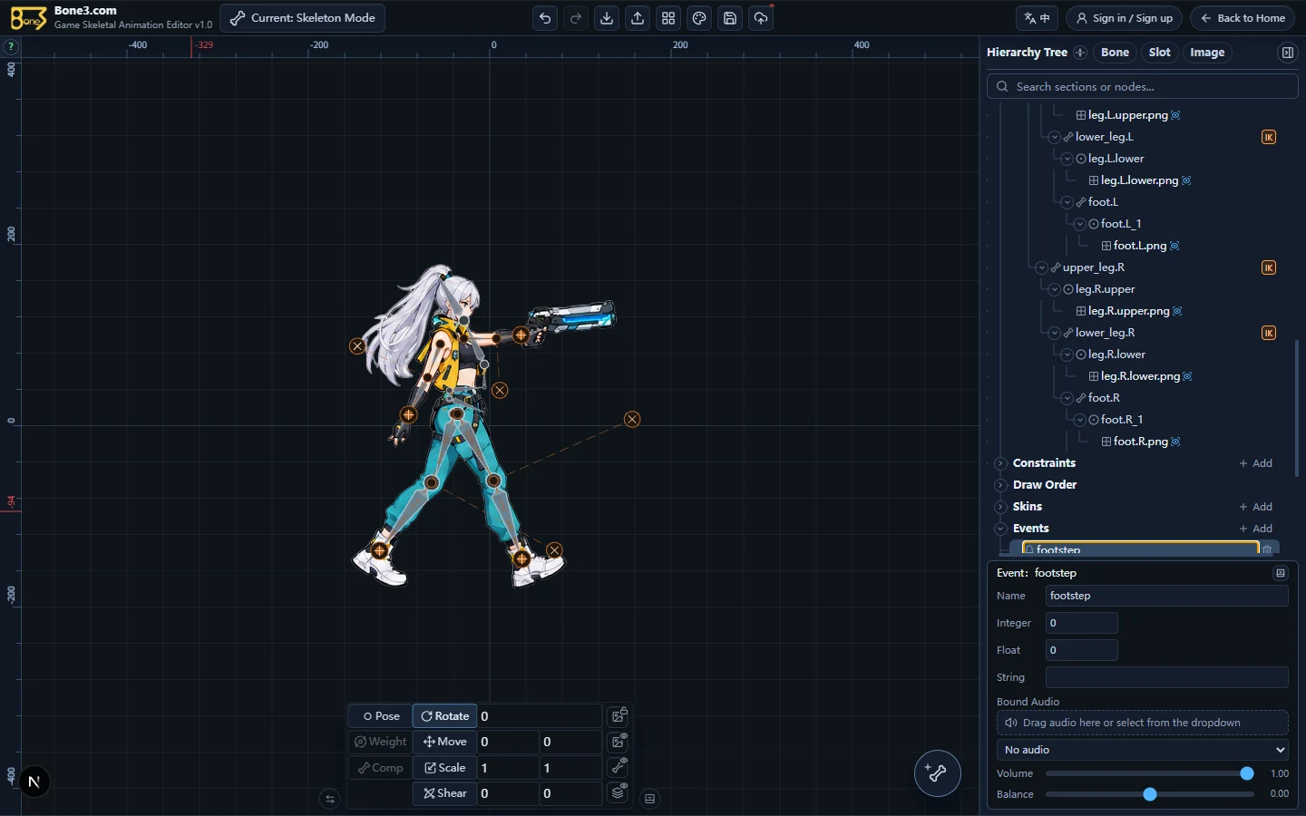 The English event inspector with name, integer, float, string, and audio-binding areas.