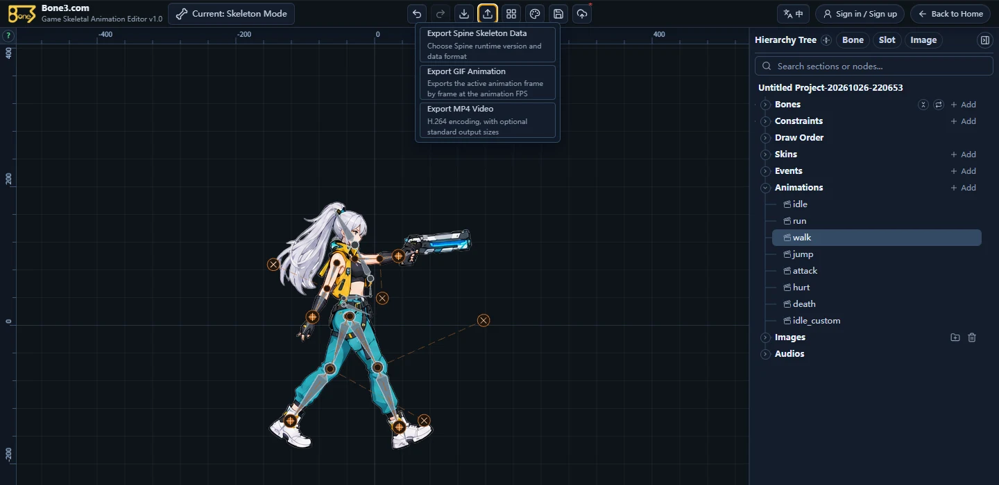 The English Export menu with Spine data, GIF, and video options.