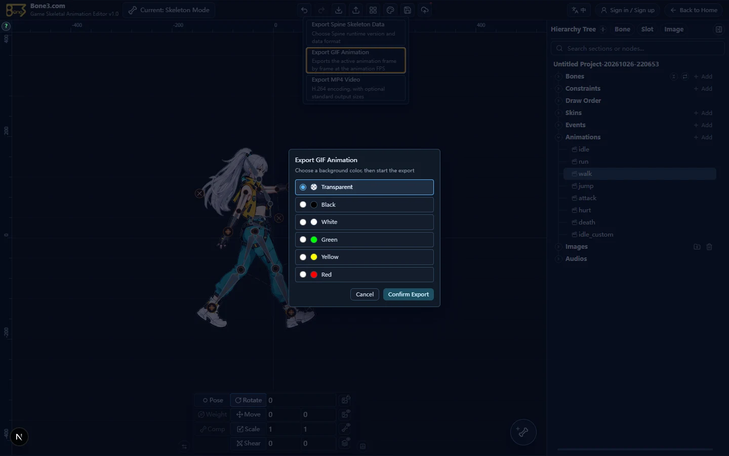 The English GIF dialog with transparent and solid background choices.