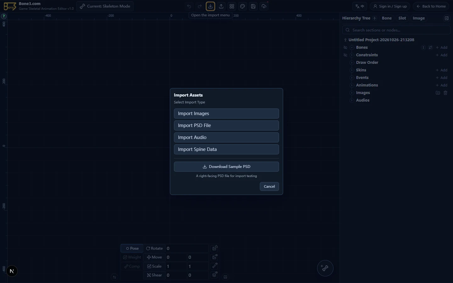 The English Import menu with image, PSD, audio, Spine, and sample download actions.