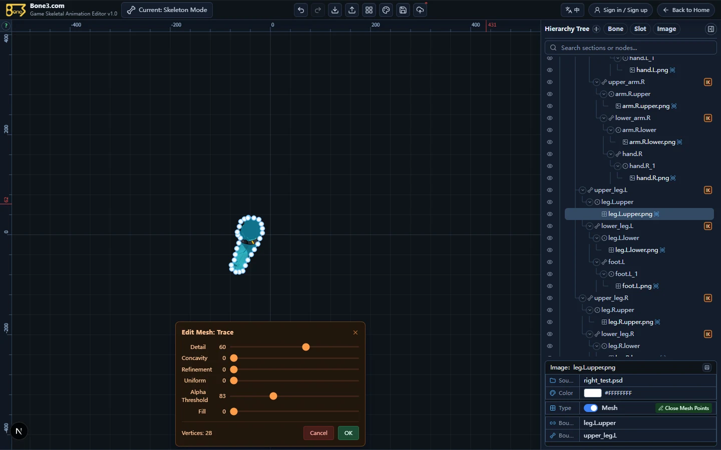 The English mesh Trace dialog with detail, concavity, refinement, Alpha threshold, and vertex count.