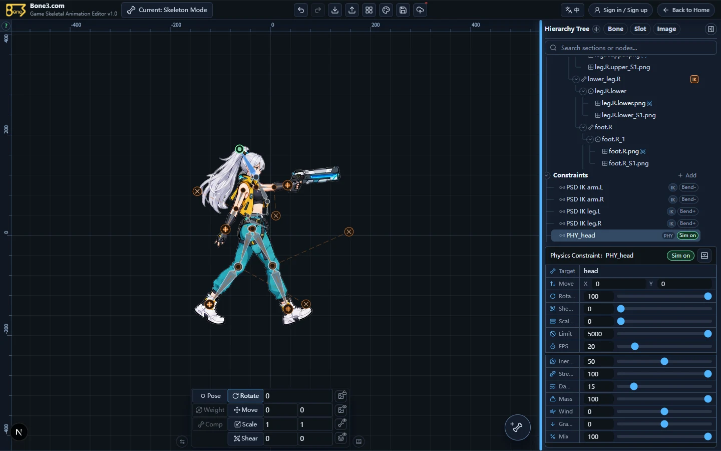 The English physics inspector with target bone, setup and dynamics parameters, and simulation enabled.