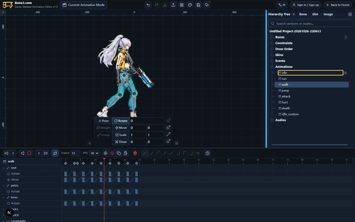 The sample playing with a physics constraint on its target bone in the English editor.