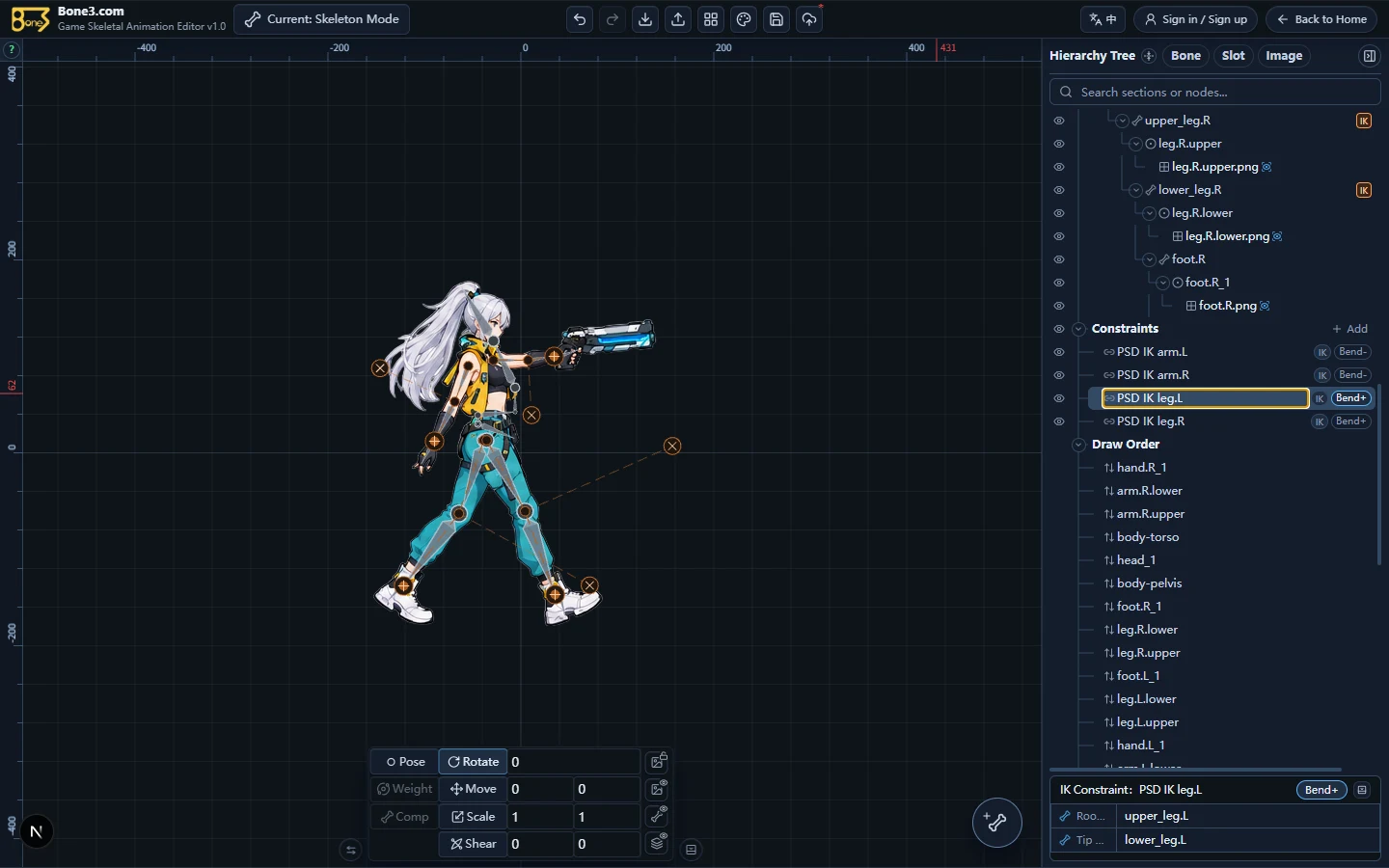 A sample leg PSD IK selected in the English editor with target and pole helpers.