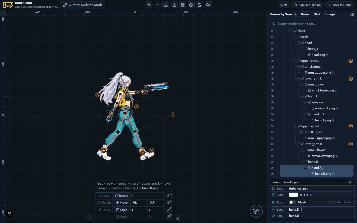 A successful sample import in the English editor with the character and hierarchy visible.