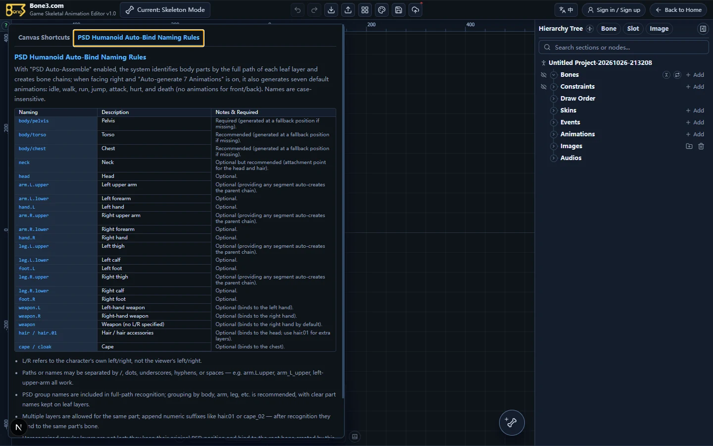 The English built-in help with the humanoid PSD naming table.
