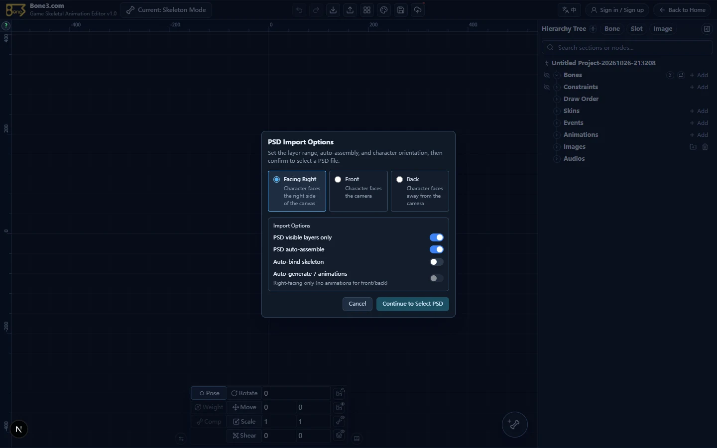 English PSD settings with Right selected and only visible-only and assembly enabled.