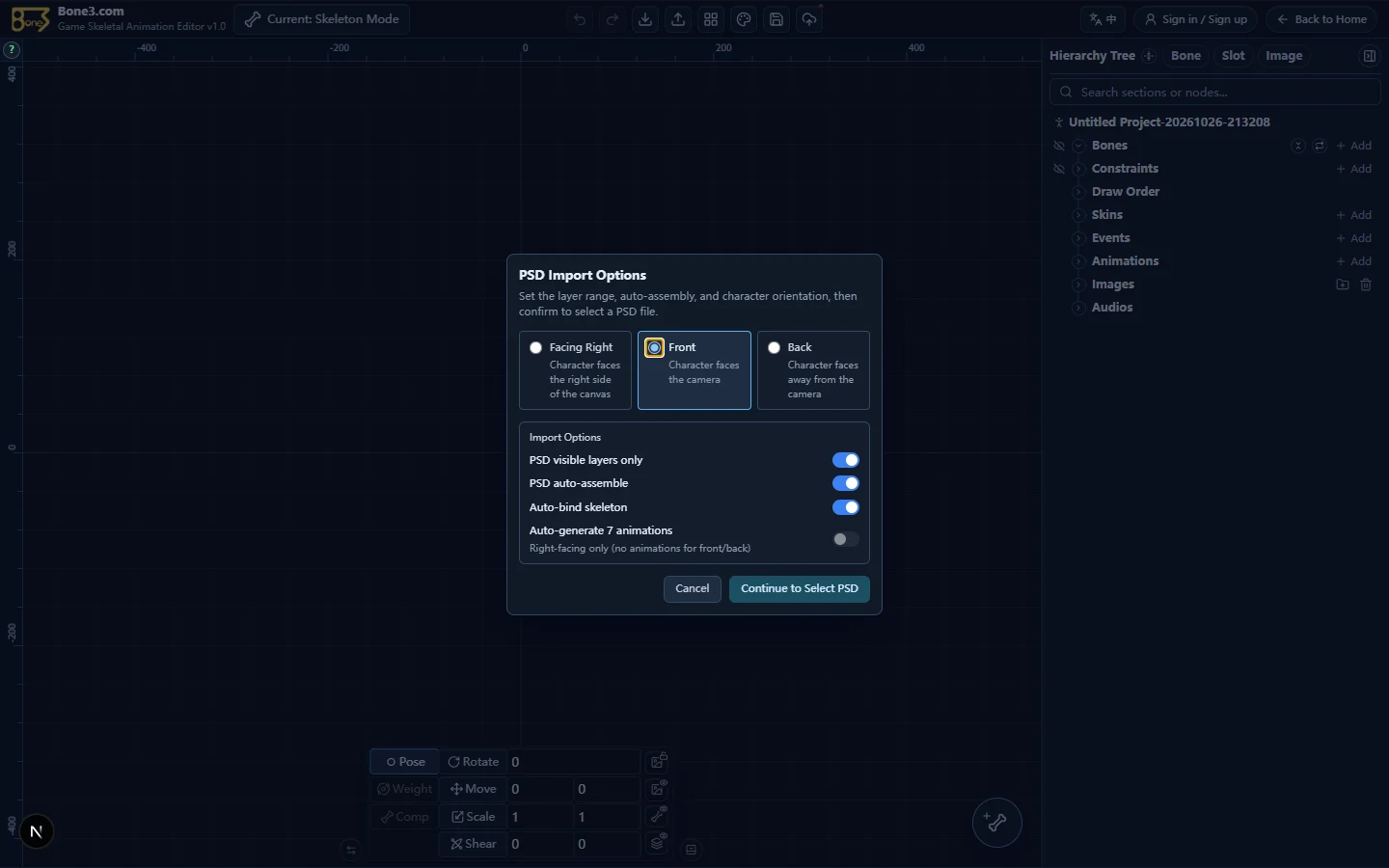 The English PSD dialog with Front selected and animation generation disabled.