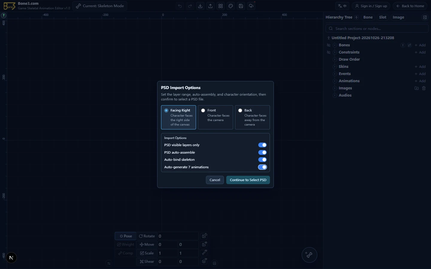 English import settings with Right and the required automation enabled.