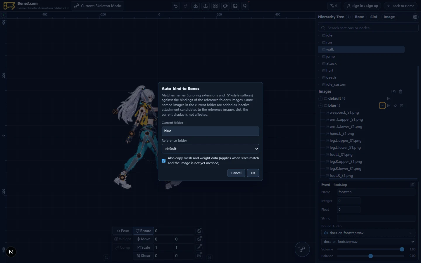The English automatic binding dialog with blue as current and default as reference.