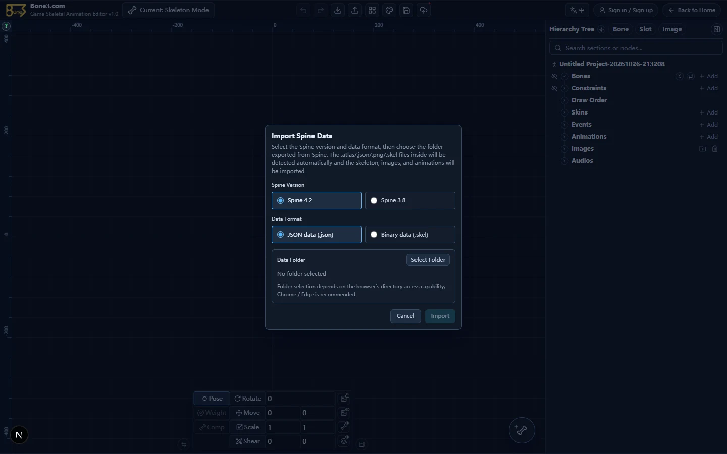 The English Spine import dialog with version, JSON or SKEL format, and folder selection.