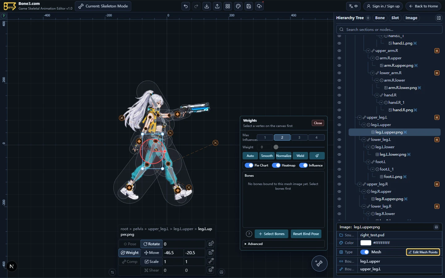 The English weight panel with pie charts, heatmaps, and influence regions enabled; no influencing bones are selected yet.